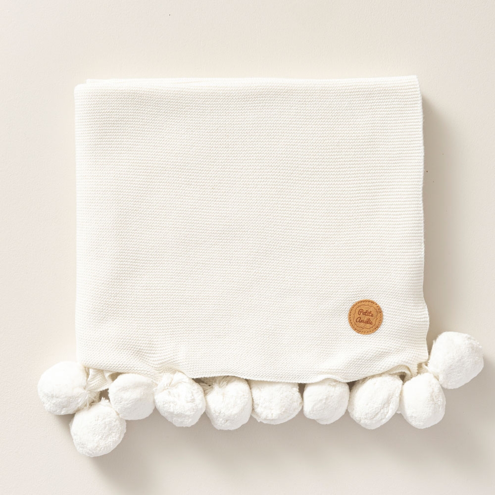 Children's Blanket with Pom-Poms | 100x150 cm | Ivory White