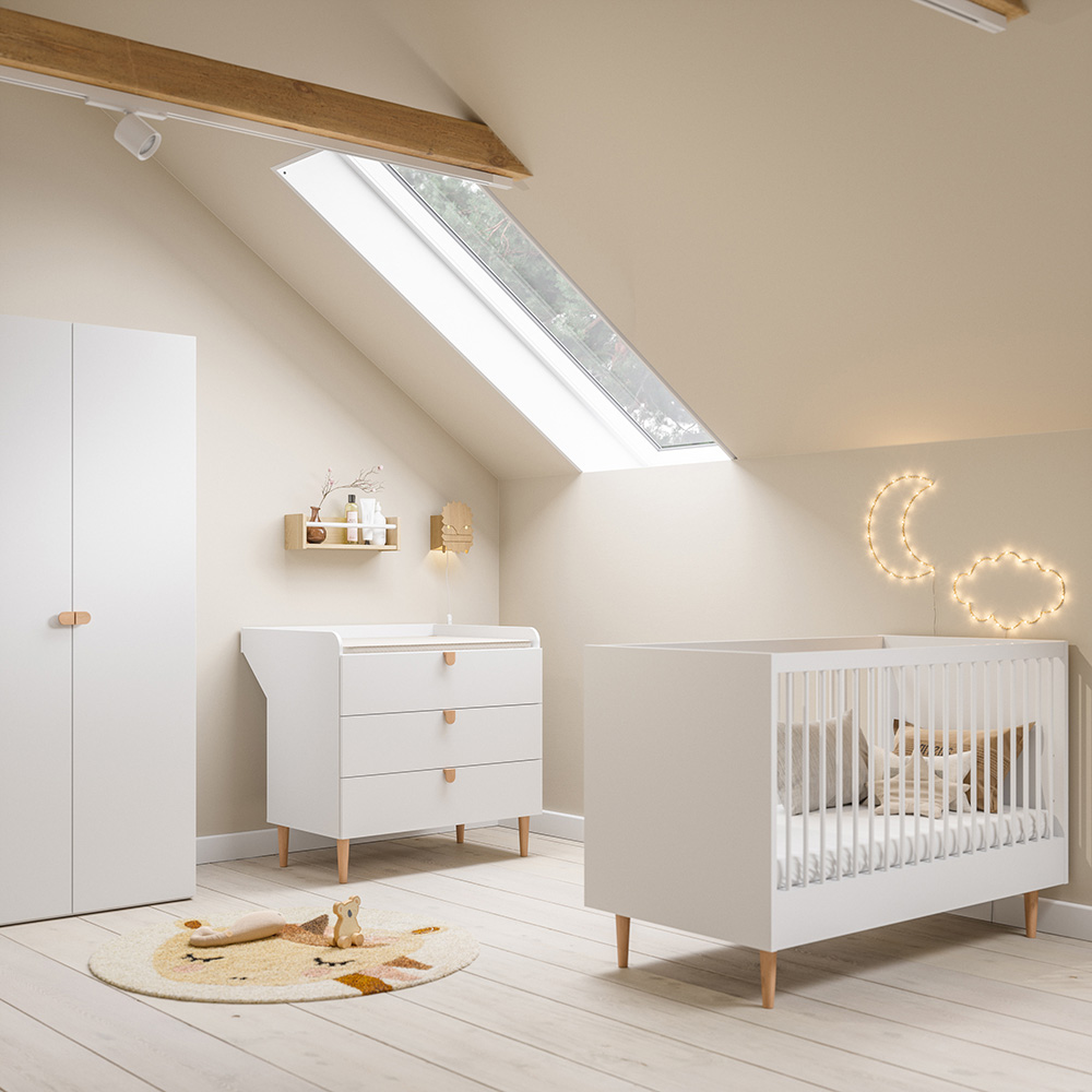 3 piece nursery furniture set «Étoile» | White | Cot bed, dresser and wardrobe