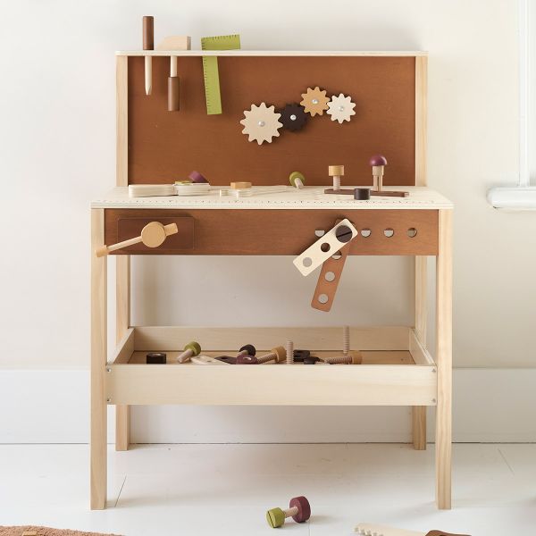 Wooden toy workbench «Noyer» | Incl. 34-piece tool set | Walnut