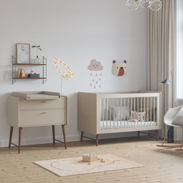 Nursery furniture set with convertible cot bed and baby changing table in oatmeal from Petite Amélie