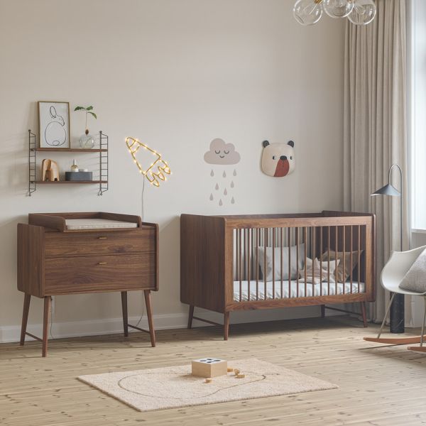Nursery furniture set with convertible cot bed and baby changing table in walnut from Petite Amélie