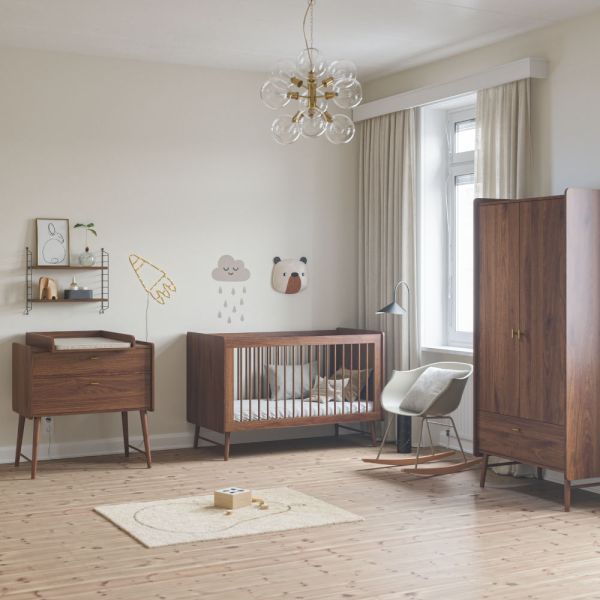 Nursery furniture set with convertible cot bed, kids wardrobe and baby changing table in walnut from Petite Amélie