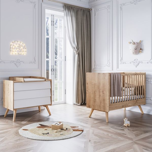 NURSERY FURNITURE «VINTAGE» WHITE 2-PIECE SET | CONVERTIBLE COT BED + BABY DRESSER