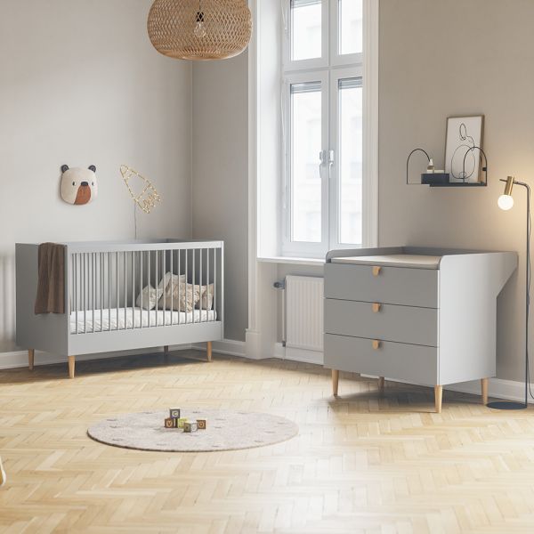 Nursery furniture set with convertible cot bed and baby changing table in grey from Petite Amélie