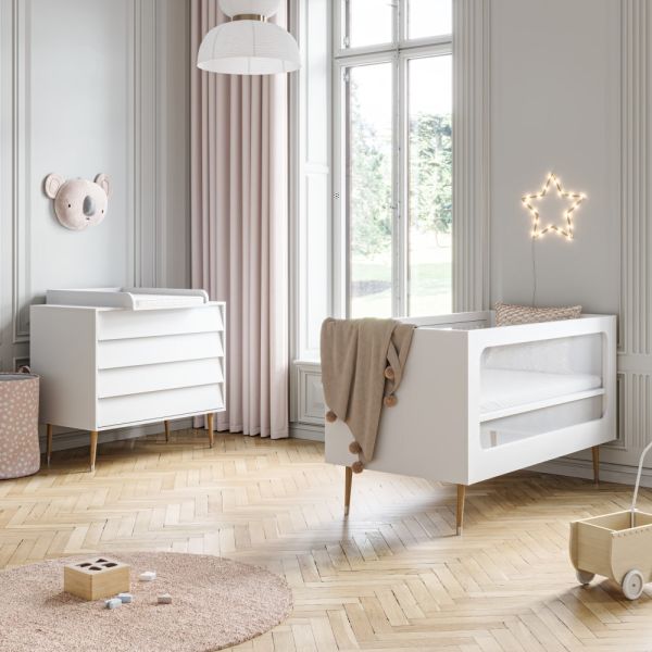 NURSERY FURNITURE «BOSQUE» 2-PIECE SET | COT BED + BABY DRESSER | WHITE
