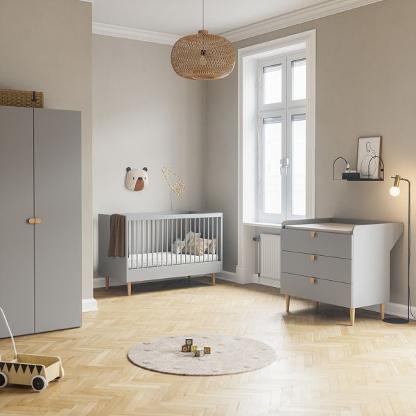 Nursery furniture set with convertible cot bed, kids wardrobe and baby changing table in grey from Petite Amélie