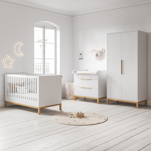 Nursery furniture set with convertible cot bed, kids wardrobe and baby changing table in white from Petite Amélie