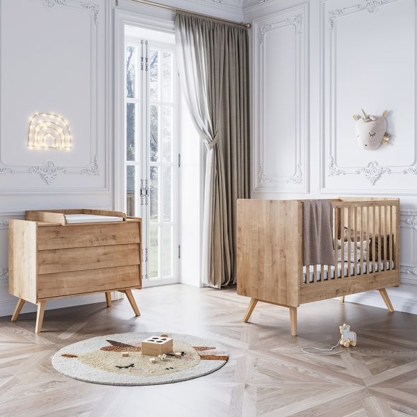 NURSERY FURNITURE «VINTAGE» WOOD 2-PIECE SET | CONVERTIBLE COT BED + BABY DRESSER
