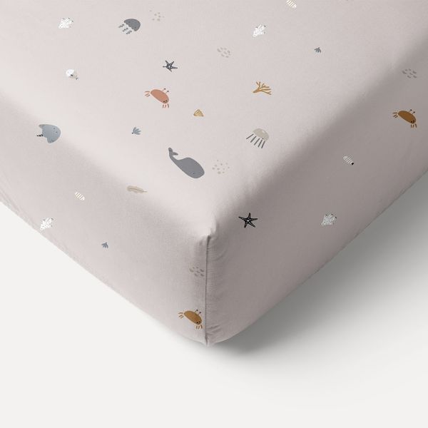 Cot fitted sheets 120x60 with sea life print in beige from Petite Amélie