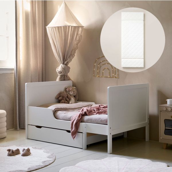 Extendable bed with mattress made from wood in white from Petite Amélie