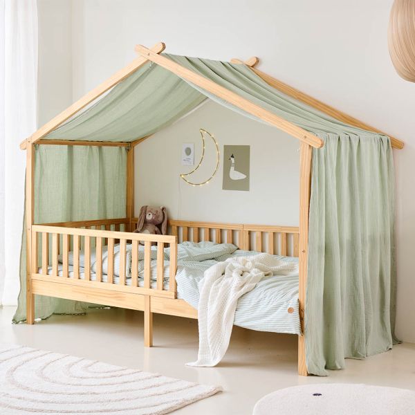 House bed canopy curtains in green soft muslin from Petite Amélie