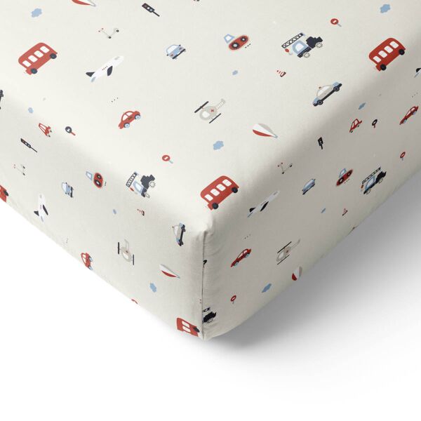 Hoeslaken van 80x160 met voertuigenprint in beige van biologisch katoen van Petite Amélie 
