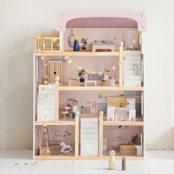 large wooden dolls house pink with furniture included from Petite Amélie