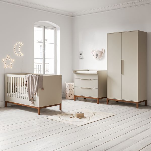 Nursery furniture set with cot bed, kids wardrobe and baby changing table in oatmeal from Petite Amélie