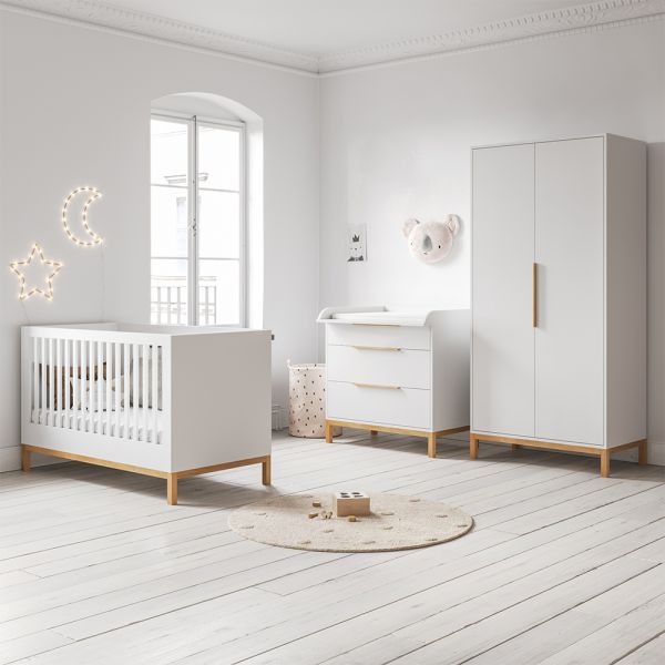 Nursery furniture set with cot bed, kids wardrobe and baby changing table in white from Petite Amélie