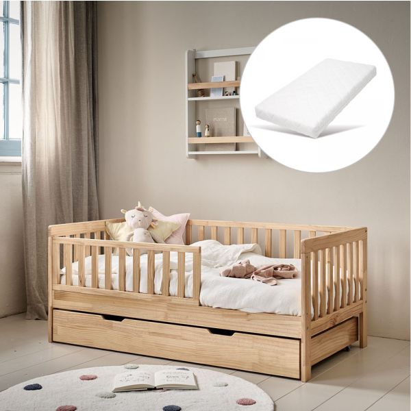 Toddler bed with rails made from wood set with mattress in natural 70x140 cm from Petite Amélie