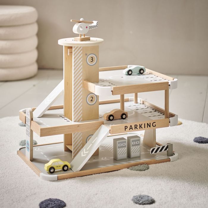 Wooden toy car garage top