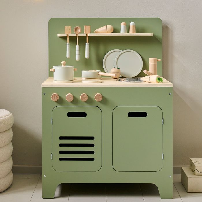 WOODEN TOY KITCHEN INCL. 13 LIGHT GREY ACCESSORIES OLIVE GREEN