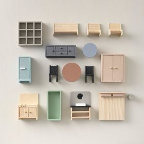 Retro wooden doll house furniture | 16 piece set