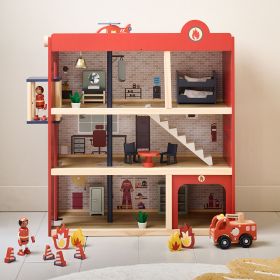 Wooden fire station «Pompier» | incl. 19 accessories | 87 cm | | Red