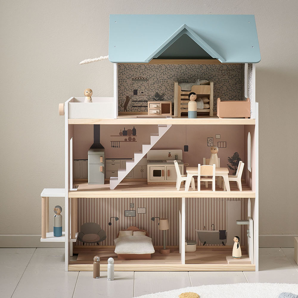 Wooden Dollhouse Campagne incl. 14 Pieces Furniture Set 81 cm White pastel blue