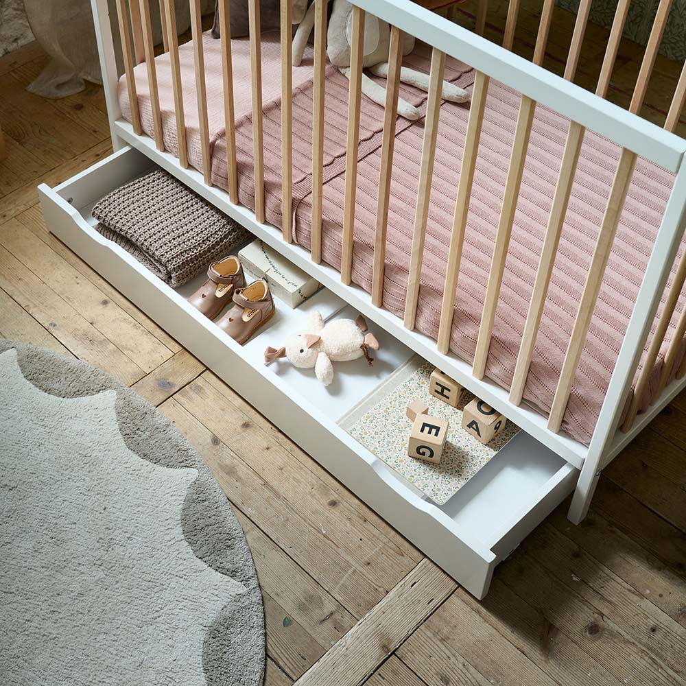 BABY COT BED «HETRE» | 60 X 120 CM | WHITE + NATURAL