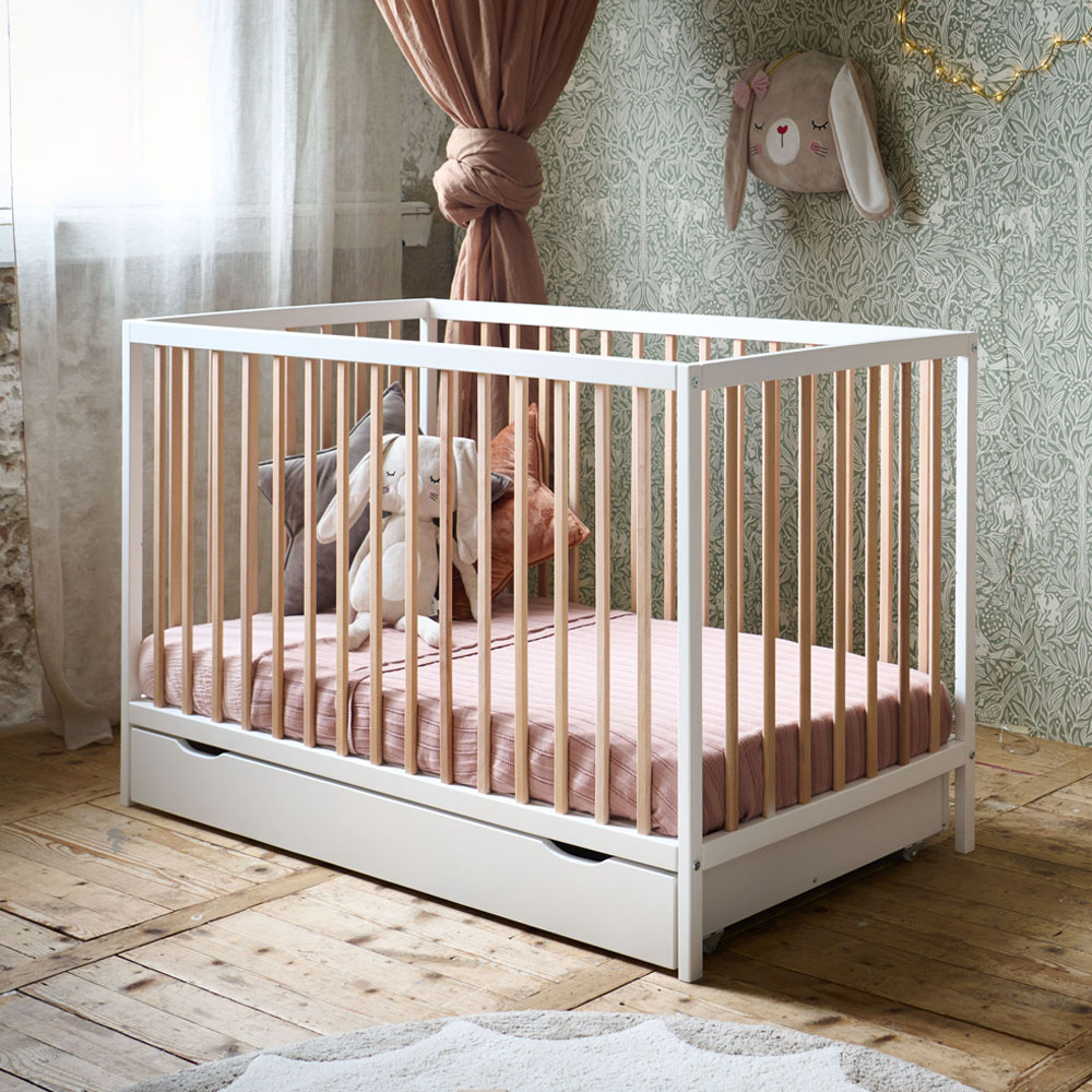 BABY COT BED «HETRE» | 60 X 120 CM | WHITE + NATURAL